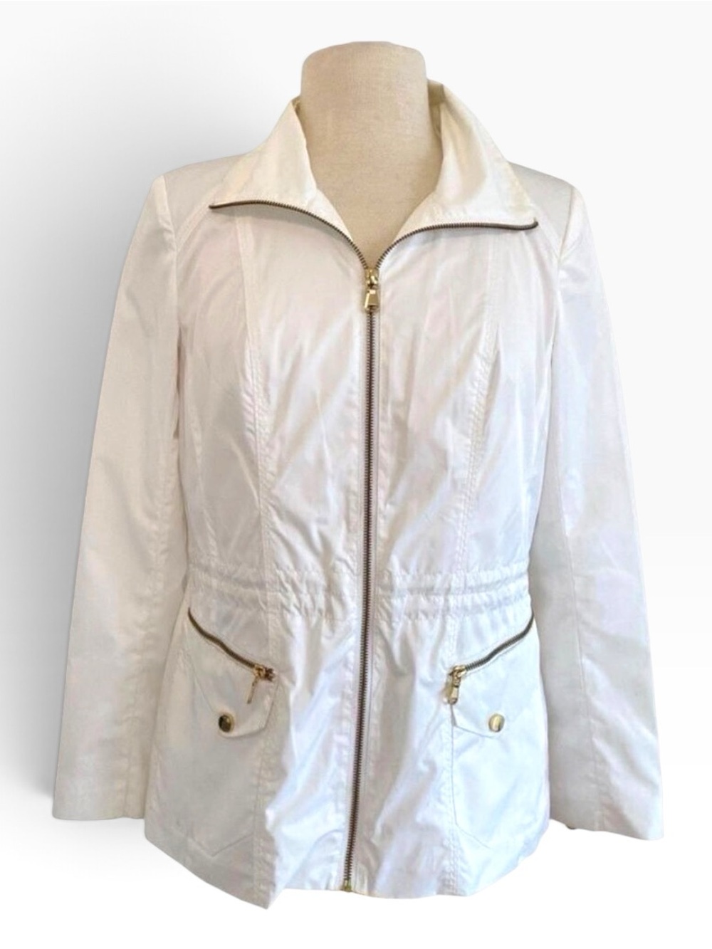 Cache Lightweight Utility Jacket S Ivory Gold Hardware Cinched Waist Zip Front
